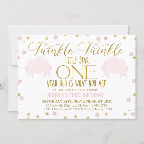 Pink Gold Girls Twinkle Little Star 1s Birthday Invitation