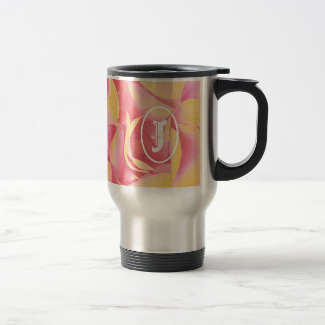 Pink Gold Girly Elegant Floral Monogram Travel Mug (Right)
