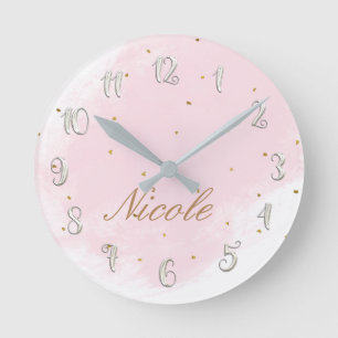 Pink & Gold Girly Glam Modern Personalized Name Round Clock