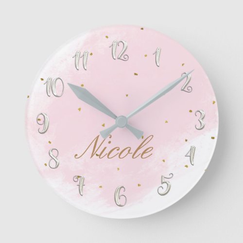 Pink  Gold Girly Glam Modern Personalized Name Round Clock