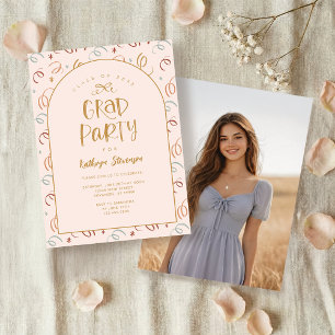 Pink Gold Girly Hand Drawn Confetti Grad Party Invitation