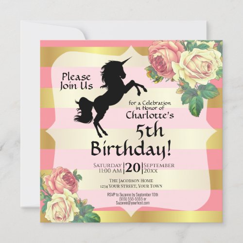 Pink  Gold Girly Unicorn Birthday Party Square Invitation