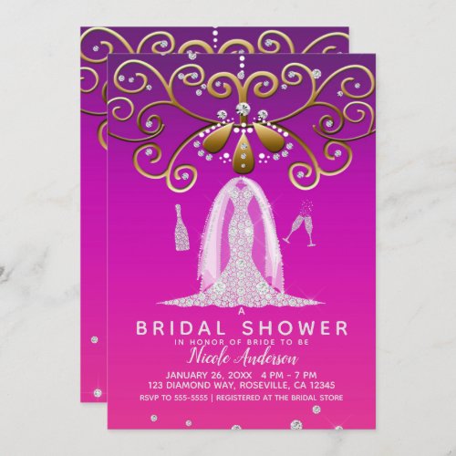 Pink Gold Glam Diamond Wedding Dress Bridal Shower Invitation