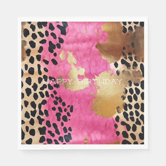 Pink Gold Glam Leopard Print Abstract Napkins (Front)