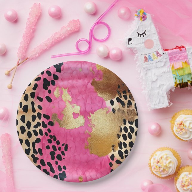 Pink Gold Glam Leopard Print Abstract Paper Plates (Party)