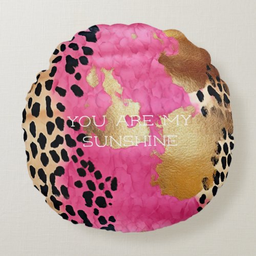 Pink Gold Glam Leopard Print Abstract Round Pillow