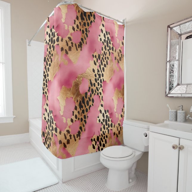 Pink Gold Glam Leopard Shower Curtain (In Situ)