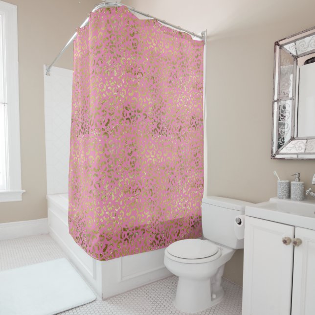Pink Gold Glam Leopard Shower Curtain (In Situ)
