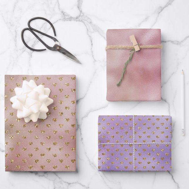 Pink Gold Glam Ombre Gold Glitter Hearts Wrapping Paper Sheets (Front)