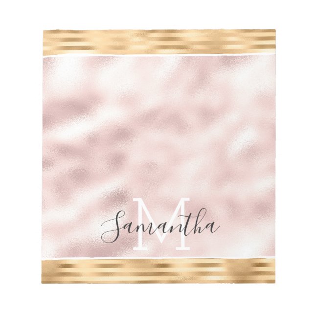 Pink Gold Glam Stripes personalized Monogram Notepad (Front)