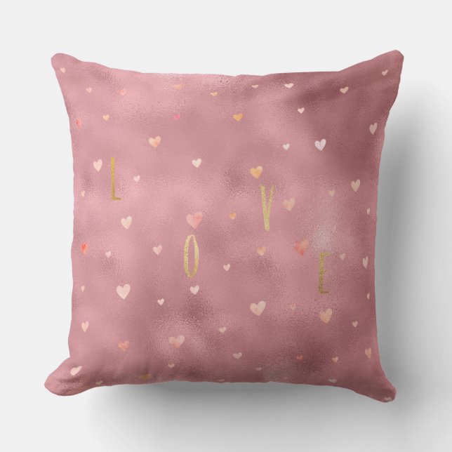 Pink Gold Glam Watercolor Love Hearts Throw Pillow (Front)