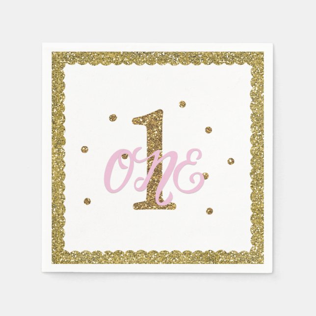 Pink & Gold Glitter 1 ONE 1st Birthday Party Napkins (Front)