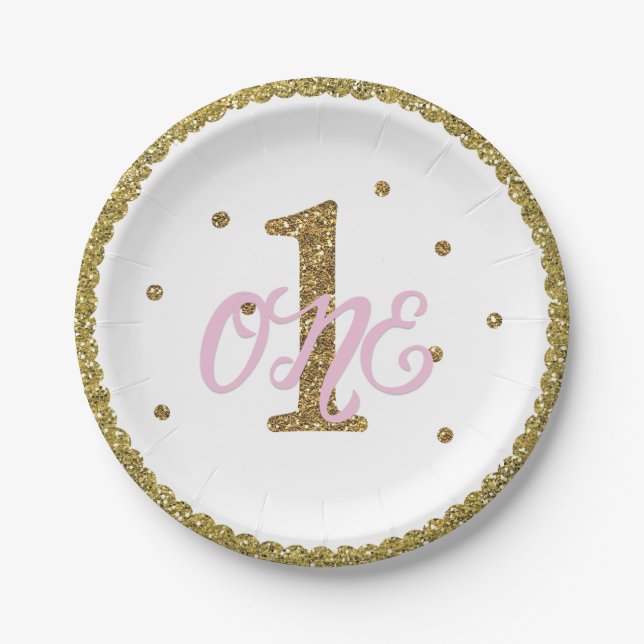 Pink & Gold Glitter 1 ONE 1st Birthday Party Paper Plates (Front)