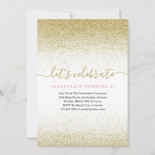 Pink & Gold Glitter 1st Birthday Invitation  FIRST - All that glitters is gold.  Add some sparkle to your celebration with a glam-tastic invitation.