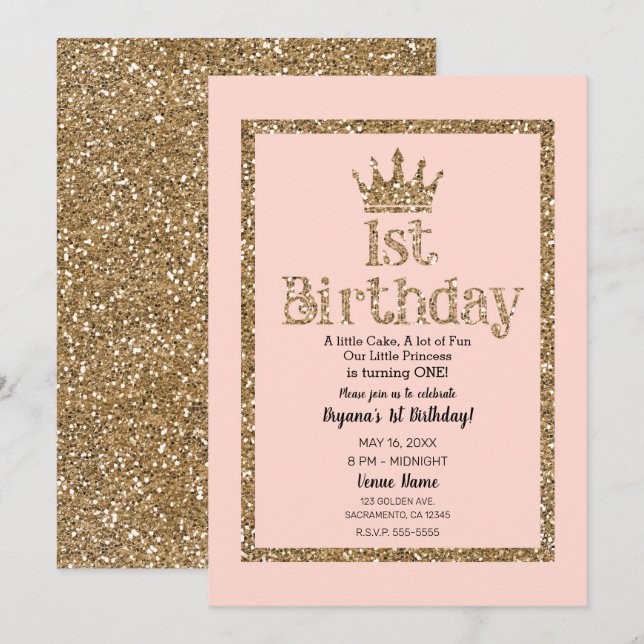Pink Gold Glitter 1st Birthday Princess Crown Invitation (Front/Back)