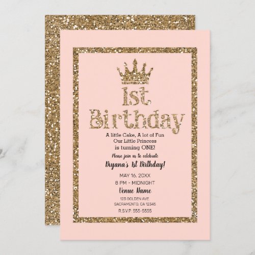 Pink Gold Glitter 1st Birthday Princess Crown Invitation