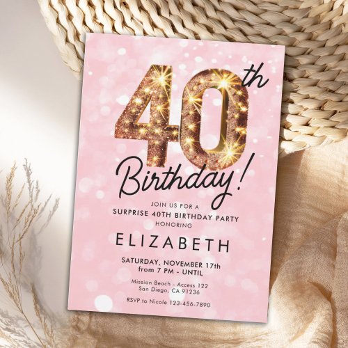 Pink Gold Glitter 40th Digital Birthday Invitation