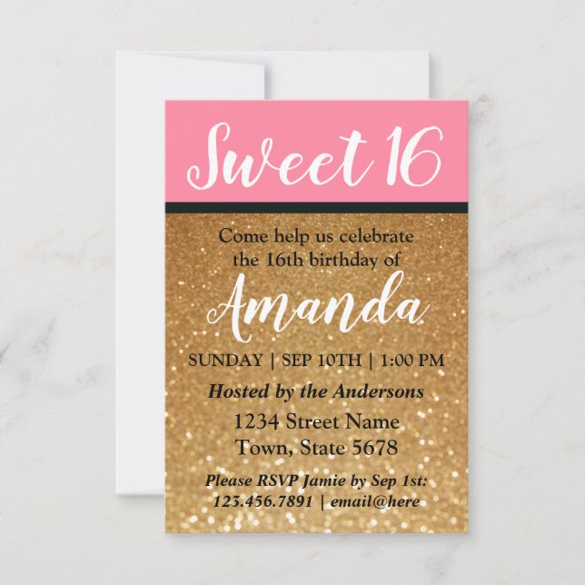 Pink + Gold Glitter A Sweet 16 Birthday Invitation (Front)