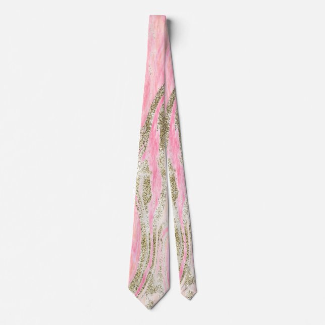 Pink Gold Glitter Abstract Marble Pattern Trendy Neck Tie (Front)