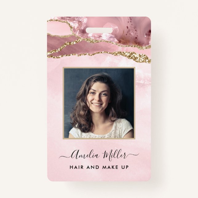 Pink Gold Glitter Agate Hair Makeup Business ID Badge (Front)