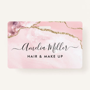 Pink Gold Glitter Agate Hair Makeup Business ID Badge