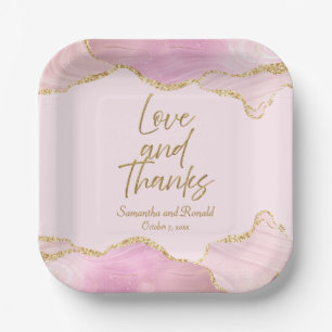 Pink & Gold Glitter Agate Love and Thanks Wedding Paper Plates