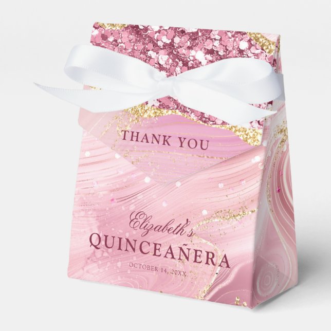 Pink Gold Glitter Agate Marble 15th Quinceañera Favor Boxes (Front Side)