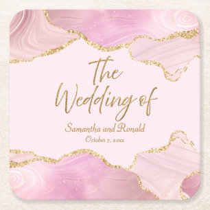 Pink & Gold Glitter Agate The Wedding Of  Square Paper Coaster