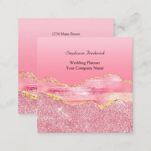 Pink Gold Glitter Agate Trendy Small Business Square Business Card