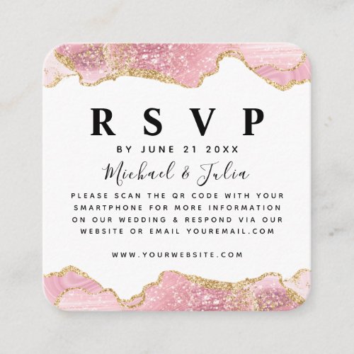 Pink  Gold Glitter Agate Wedding QR Code RSVP Enclosure Card