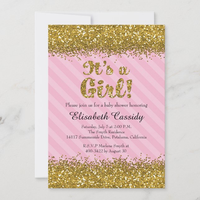 Pink & Gold Glitter Baby Girl Shower Invitation (Front)