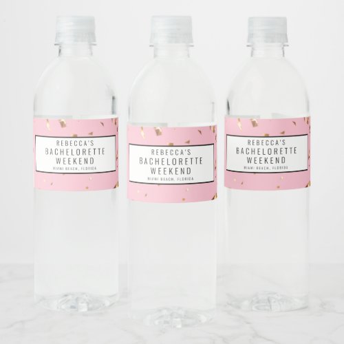 Pink Gold Glitter Bachelorette Weekend Getaway Water Bottle Label