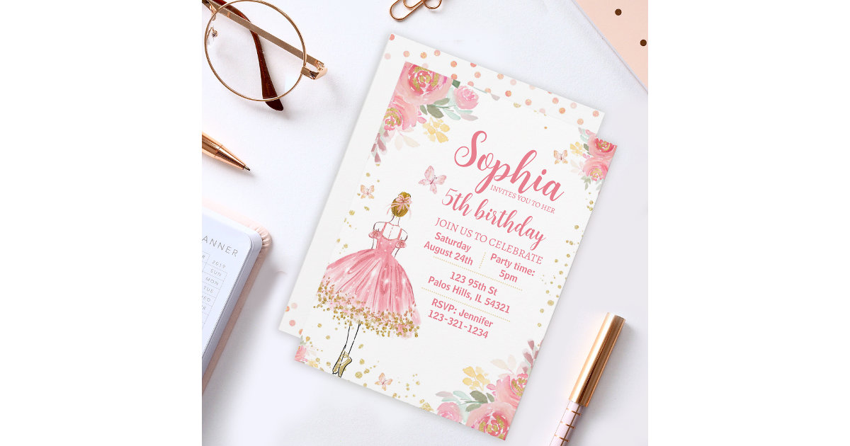 Pink gold glitter ballerina birthday invitation Zazzle