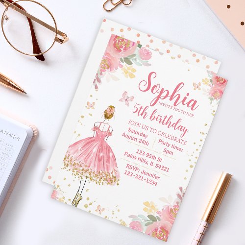 Pink gold glitter ballerina birthday invitation