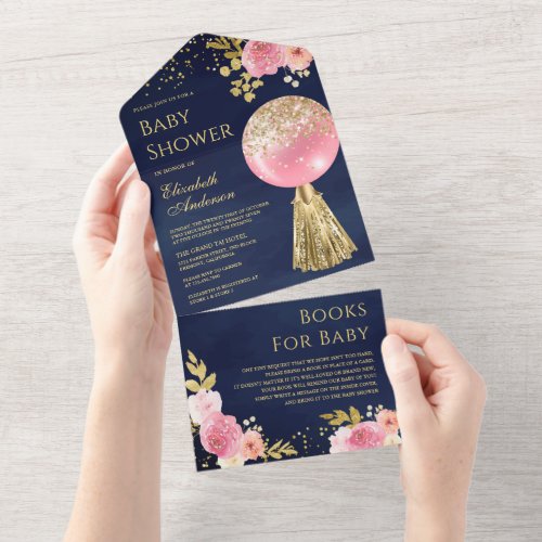 Pink Gold Glitter Balloon Floral Navy Baby Shower All In One Invitation