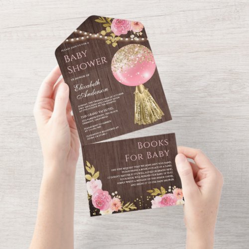 Pink Gold Glitter Balloon Floral Wood Baby Shower All In One Invitation