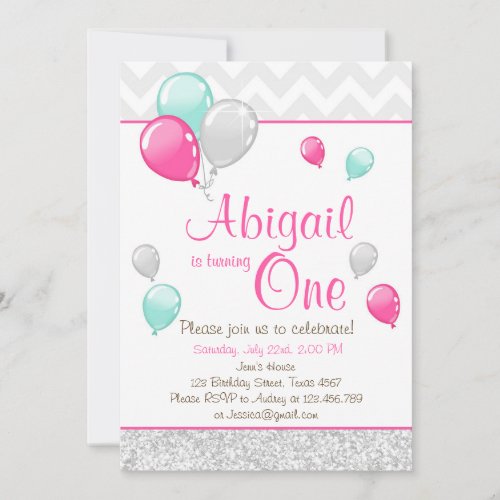 Pink Gold Glitter Balloons Birthday Invitation