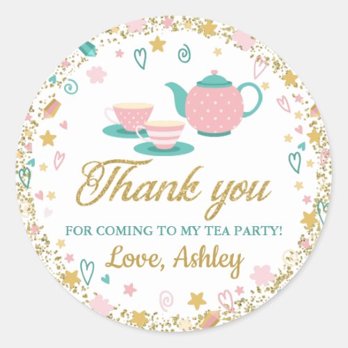 Pink Gold Glitter Birthday Tea Party Thank You Classic Round Sticker