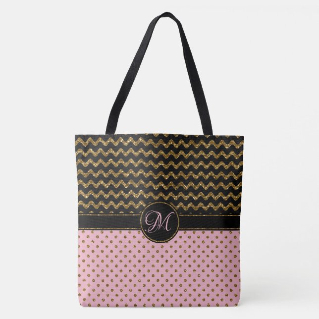 Pink Gold Glitter Black Chevron Monogrammed Large Tote Bag (Front)