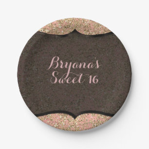 Pink & Gold Glitter Black Glam Birthday Party Paper Plates