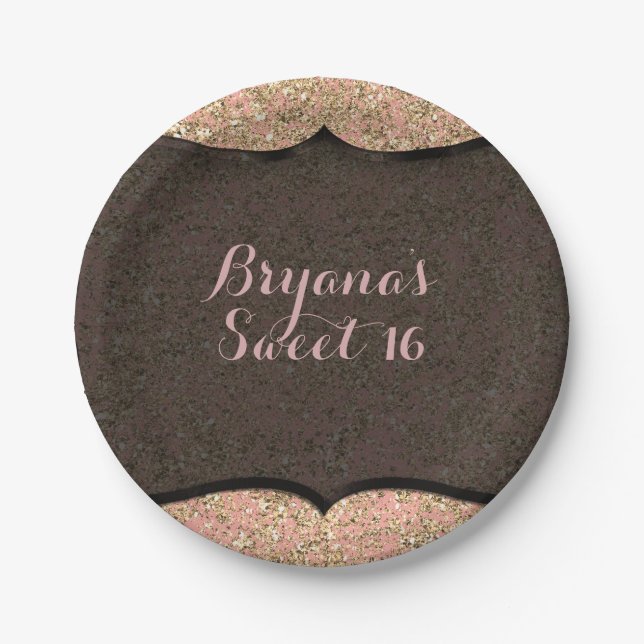 Pink & Gold Glitter Black Glam Birthday Party Paper Plates (Front)