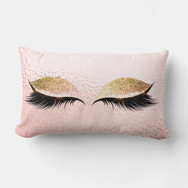 Pink Gold Glitter Black Lashes Glam Make Up Gray Lumbar Pillow (Front)