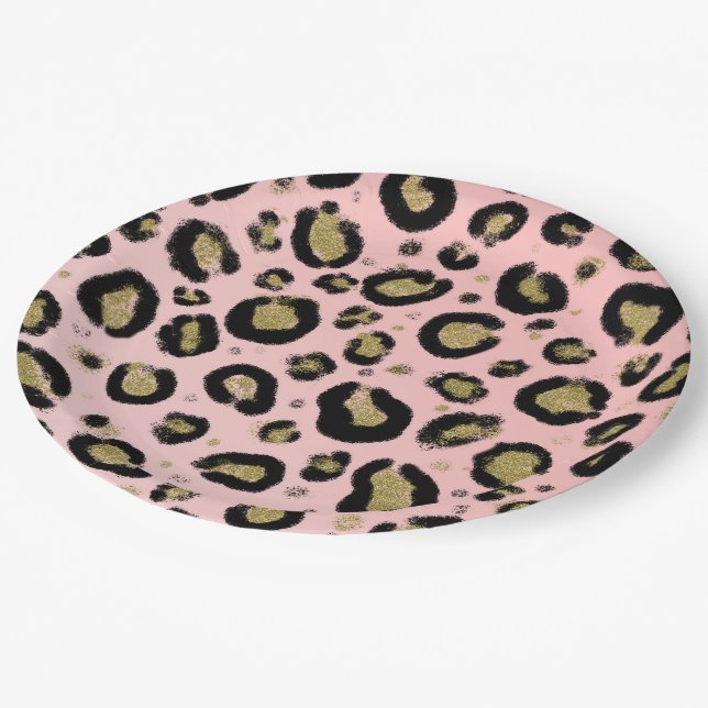 Pink Gold Glitter & Black Leopard Baby Shower Paper Plates (Angled)