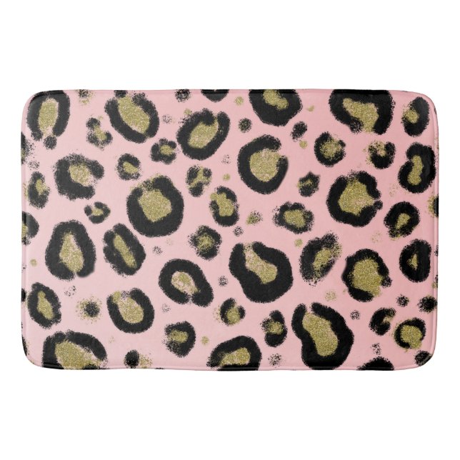 Pink Gold Glitter & Black Leopard Cheetah Print Bath Mat (Front)