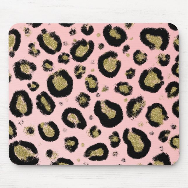 Pink Gold Glitter & Black Leopard Cheetah Print Mouse Pad (Front)