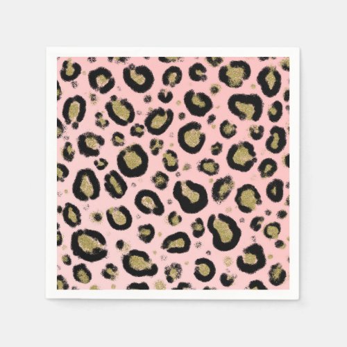 Pink Gold Glitter  Black Leopard Cheetah Print Napkins