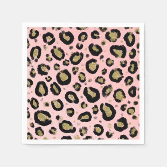 Pink Gold Glitter & Black Leopard Cheetah Print Napkins (Front)