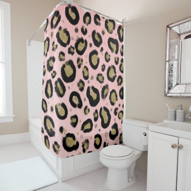 Pink Gold Glitter & Black Leopard Cheetah Print Shower Curtain (In Situ)