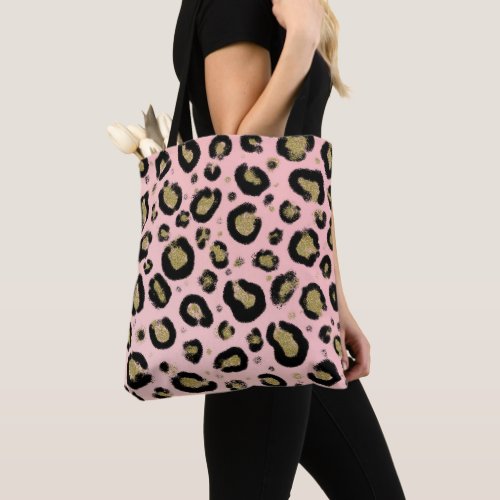 Pink Gold Glitter  Black Leopard Cheetah Print Tote Bag