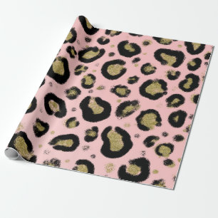 Pink Gold Glitter & Black Leopard Cheetah Print Wrapping Paper